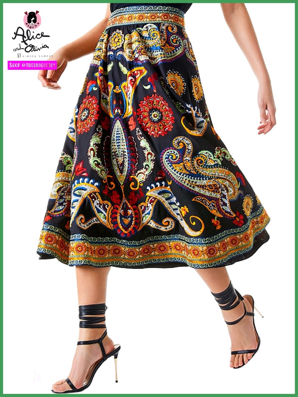 Alice + Olivia Earla Embroidered Embellished Sequin Beaded Floral Midi Skirt